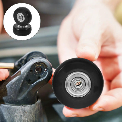 Premium Suitcase Wheels Repair Kit Full Sets With Precision Roller Bearings For Super Easy DIY Fixes And Durable Rubber Metal Build Ensuring Smooth Silent Rolls On All Trolleys And Luggage Bags Enjoy Zero Hassles On The Road For Every Trip. black luggage wheel repair kit with bearings, close-up replacement