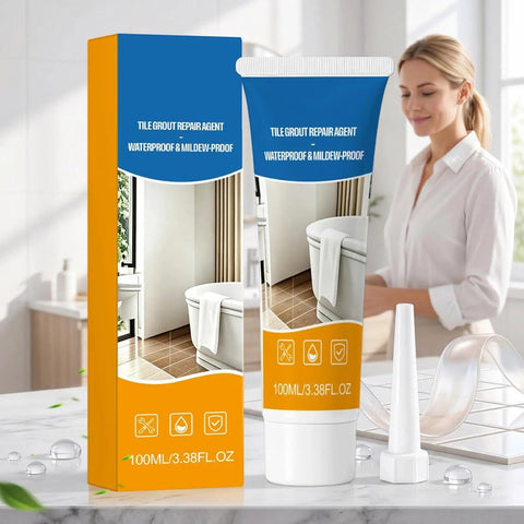 Hardcore Grout Repair Sealant For Shower And Bathtub 100ML tube with packaging in a bathroom setting for quick tile repairs.