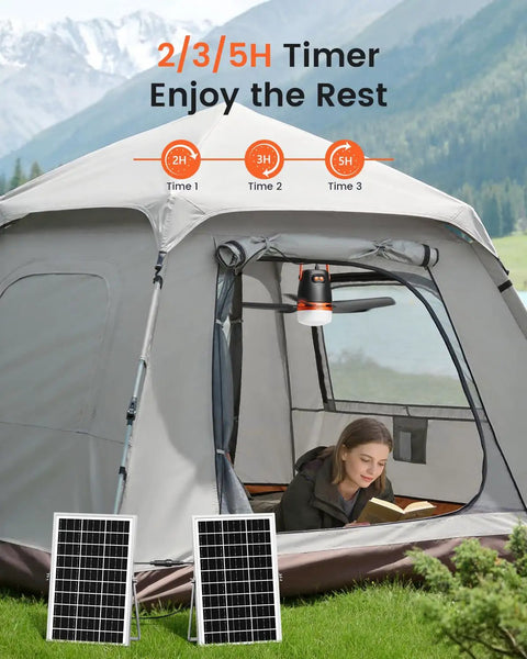 20 Inch Portable Ceiling Fan With Solar Charging And 20000 Mah Battery Includes Wireless Remote To Crank Up Fresh Airflow for tent use.