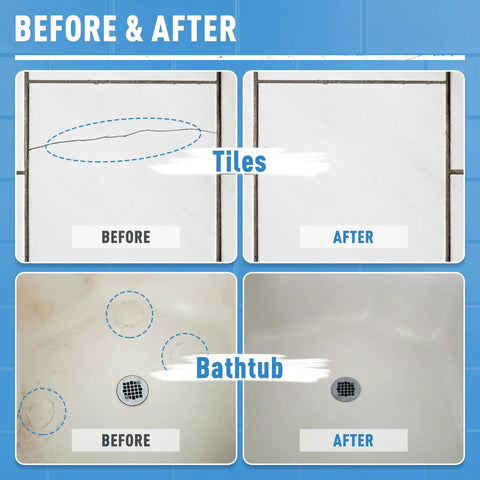 Before and after repair images using White Tub And Tile Touch Up Paint Pen For Porcelain And Enamel Surfaces To Fix Scratches Chips Spots