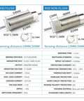 Diagram showing dimensions and specifications of M30 flush and non-flush capacitive sensors for industrial use.