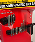 Double Sided Magnetic Tool Holder 12 Inch Magnetic Tool Bar Heavy Duty Wall Mount Strip with tools attached on red surface