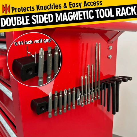 Double Sided Magnetic Tool Holder 12 Inch Magnetic Tool Bar Heavy Duty Wall Mount Strip with tools attached on red surface
