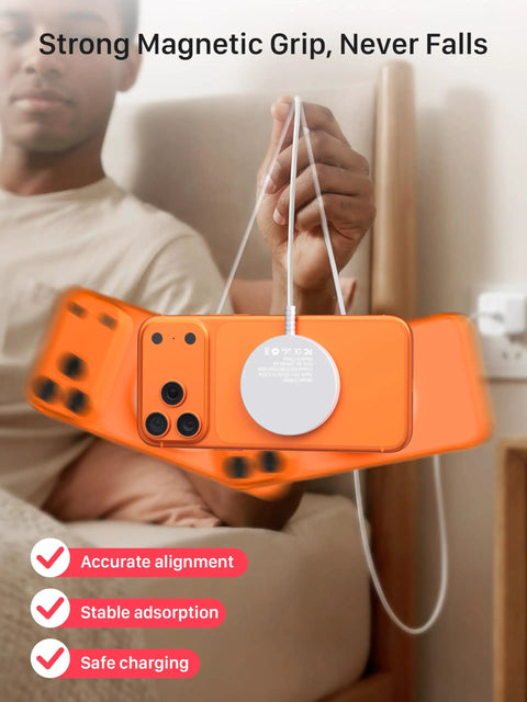 Wireless MagSafe Charger For iPhone 12-17 And AirPods Pro on orange phone, 360 degree magnetic alignment, visible cable