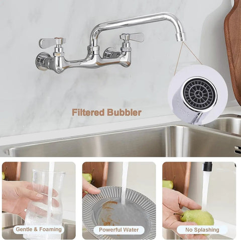 Beefy Workhorse Wall Mount Kitchen Faucet With 8 Inch Swivel Spout Dual Handle Chrome Industrial Mixer Tap for efficient water flow
