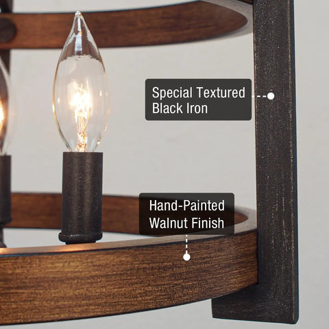 Farmhouse 3-Light Industrial Pendant Light With Wood And Metal Drum Shade detail, textured black iron, walnut finish