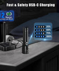 Ultra Bright LED Flashlight With 50,000 Lumens And A 3937 Foot Beam, USB C Rechargeable on a table showing charging levels