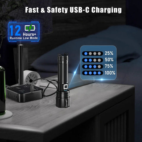 Ultra Bright LED Flashlight With 50,000 Lumens And A 3937 Foot Beam, USB C Rechargeable on a table showing charging levels