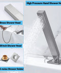 Roman Tub Faucet Deck Mount Waterfall Three Hole With Hand Shower Brushed Nickel Modern Tub Filler, brass shower head