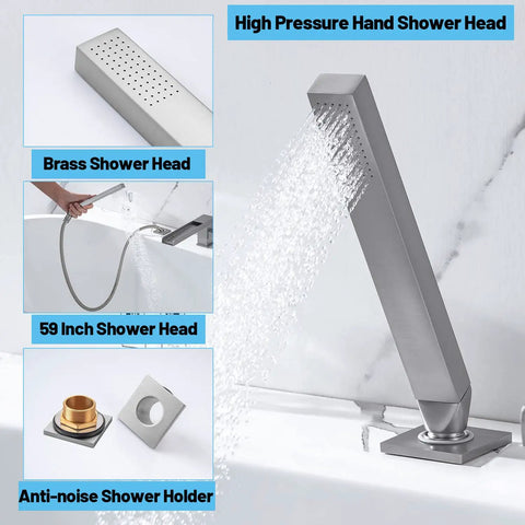 Roman Tub Faucet Deck Mount Waterfall Three Hole With Hand Shower Brushed Nickel Modern Tub Filler, brass shower head