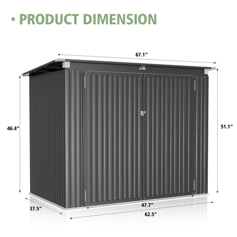 5.7 Ft Wide Galvanized Steel Horizontal Garbage Storage Shed With Lockable Door Bolt Black Outdoor Yard Patio Garden Shelter dimensions