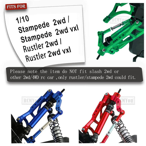 Aluminum Front And Rear Suspension A Arms Upgrade Kit For 1 By 10 Rustler VXL XL 5 And Stampede VXL XL 5 2WD With Tie Bar Replacement 3631 3655 Navy Blue, showing compatibility list for Stampede and Rustler models with colored A-Arms.