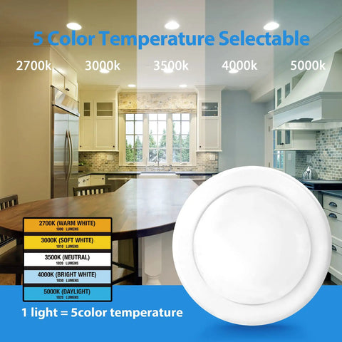 5 color temperature selectable 6 Inch LED Disk Lights Pack Of 12 Dimmable Recessed Ceiling Downlights With 5 CCT Selectable 2700K to 5000K 1050 lm Hella Bright 12W Easy Install For Home Office Or Renovation