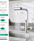 Dimensions infographic of CREA Waterfall Kitchen Faucets with Soap Dispenser, Bar Sink Faucet with Pull Down Sprayer, stainless steel material.