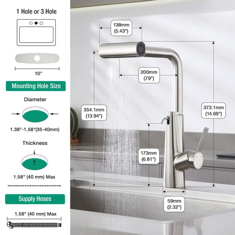 Dimensions infographic of CREA Waterfall Kitchen Faucets with Soap Dispenser, Bar Sink Faucet with Pull Down Sprayer, stainless steel material.