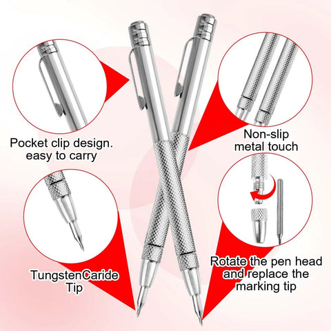 Built Like A Tank Tungsten Carbide Scriber Set With Extra Replacement Tips, two scribers with pocket clip and non-slip grip.