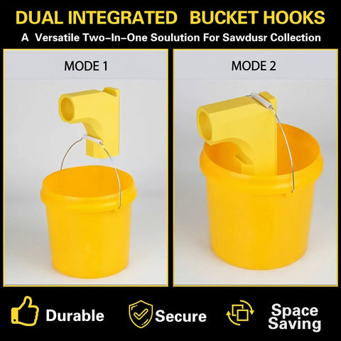 Dual integrated bucket hooks for sawdust collection, shown in two modes with yellow bucket, durable and space-saving design.