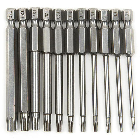 Magnetic Torx Bit Set 11 Piece T6 Through T40 with 1/4 Inch Hex Shank 3 Inch Length S2 Steel Security Tamper Proof