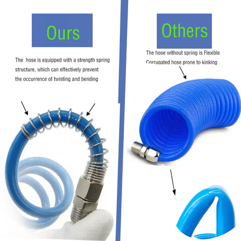 Comparison of Ultimate 22-Piece All-In-One Pro-Grade Air Compressor Accessories Kit hose with spring structure and generic hose.
