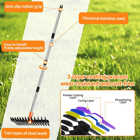 Dual Action Thatch Rake With Two Distinct Tine Profiles For Lawn Dethatching And Soil Care, anti-slip rubber grip, steel teeth