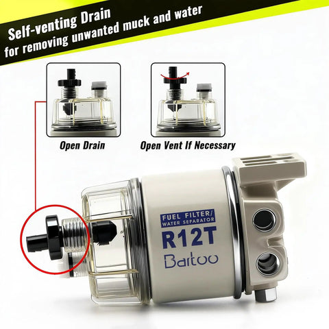 10 Micron Fuel Water Separator Kit For Outboard Motors Marine Filter System With 30 GPH Flow Removes Water And Particles Up To 99 Percent Replaces S3240 120AT NPT Three Eighths Inch Inlet Outlet For Gas And Diesel Engines Easy Install with self-venting drain.