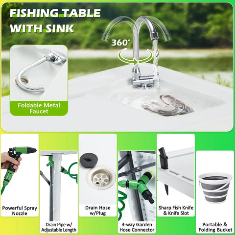 Folding Fish Cleaning Table With Collapsible Bucket And Faucet For Outdoor Camping Fillet Station Portable Sink Table With Drain Hose Sprayer Grid Rack Knife Groove For Picnic And Fishing showcasing features like 360-degree faucet, hose, knife slot, and collapsible bucket.