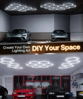 Eight Grid Honeycomb Hexagon LED Garage Light 245W Ultra Bright 6500K Cool White installed in modern garage ceiling