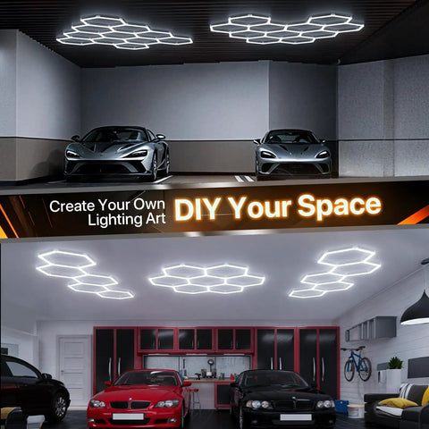 Eight Grid Honeycomb Hexagon LED Garage Light 245W Ultra Bright 6500K Cool White installed in modern garage ceiling