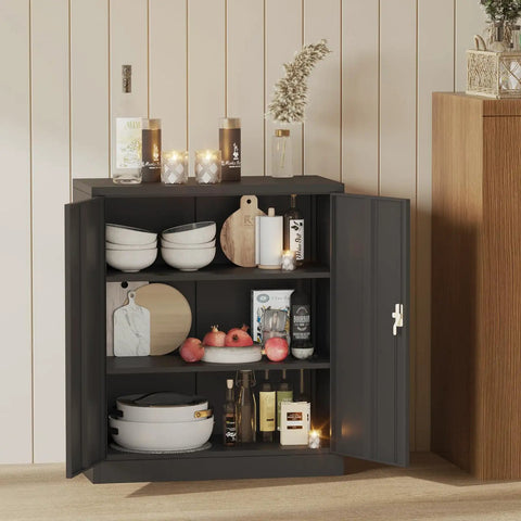 Garage Tool Storage Cabinet With Lock, Built Tough Heavy Duty 35 Inch Steel Cabinet With Two Adjustable Shelves