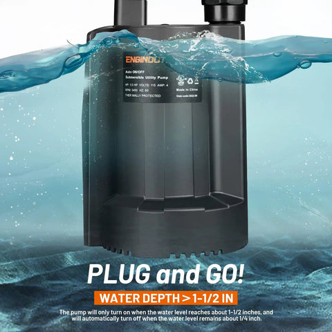 1/3 HP Brushless Submersible Sump Pump With Auto Thermal Protector And 2160 GPH At 35.5 ft Lift, half submerged in water