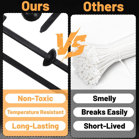 Comparison between black Heavy Duty Nylon Cable Tie Buckle Kit and generic white zip ties, highlighting durability and material quality.