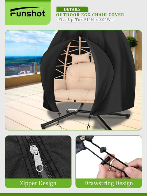 Waterproof Double Egg Chair Cover for Outdoor Hanging Swing Seats 91 By 80 Inches, showcasing zipper and drawstring designs