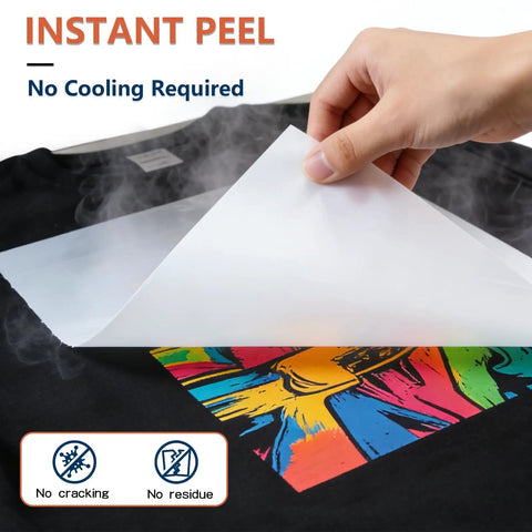 DTF Transfer Film Paper 11.7x16.5 Inches A3 30 Sheets for all DTF printers and dark fabrics being peeled from printed T-shirt.