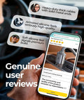 Close-up of phone displaying user reviews for Durable USB A to USB C Cable Set for CarPlay and Android Auto, highlighting features.