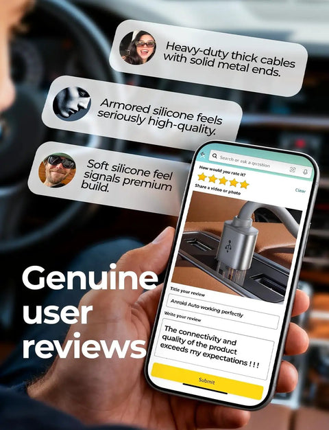 Close-up of phone displaying user reviews for Durable USB A to USB C Cable Set for CarPlay and Android Auto, highlighting features.