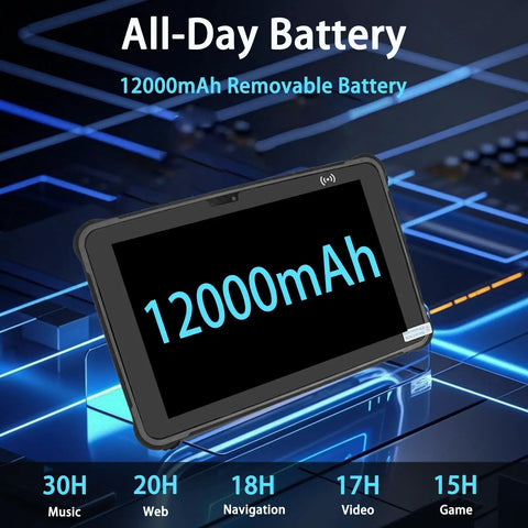 Hardcore Rugged Tablet With Barcode Scanner, 10.1 Inch tablet displaying 12000mAh removable battery capacity on a tech-themed background.