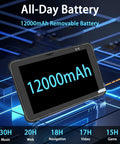 Job Site Beast Ten Inch 5G Android Industrial Rugged Tablet With 8GB Ram And 256GB Storage IP65 Waterproof Mil Std Certified No Sweat Weather Survival For Field Work showing 12000mAh removable battery details.