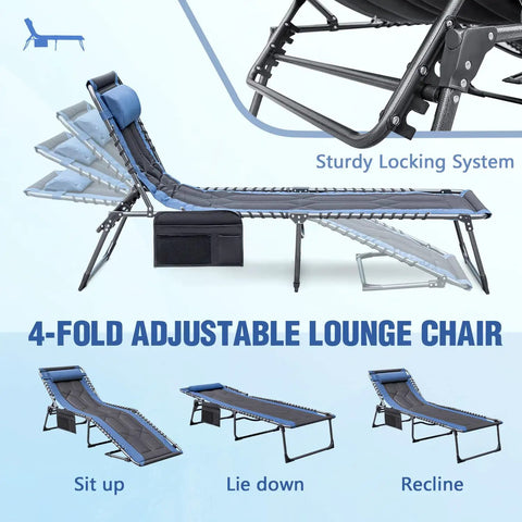 4 Fold Padded Portable Outdoor Chaise Lounge Chair With Pillow And Side Pocket For Patio Beach Pool Camping And Sunbathing Blue Heavy Duty Folding Recliner with adjustable settings