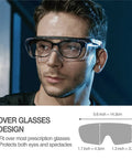 Man wearing OTG Safety Sunglasses For Over Eyeglasses With UV400 Protection Z87.1 Certified Anti Fog Lenses Adjustable Temples