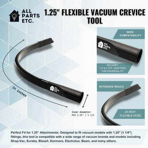 1.25 Inch Flexible Vacuum Crevice Tool With 24 Inch Reach And 2 Adapters 1.5 Inch And 1.375 Inch description and features