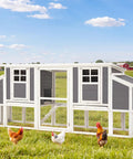 98 Inch Large Wooden Chicken Coop For 6 To 8 Chickens With Pull Out Tray, Four Nesting Boxes in a farm setting