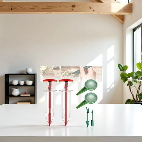 Six Piece Mini Seed Spreader Set For Tiny Seeds, Handheld Seed Dispenser, Dibber And Widger Tools on a white surface indoors