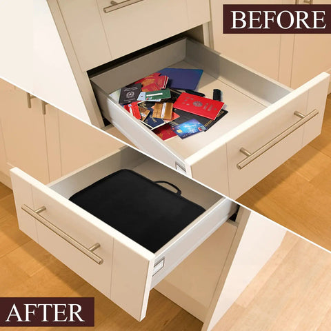 Drawer with messy documents and a Fireproof Document Box with Lock Three Layer Organizer Bag for Passports Cash Valuables And Important Files