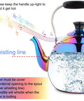 Induction Compatible Stovetop Tea Kettle Stainless Steel Whistling Tea Kettle Rainbow Iridescent Mirror Finish 2 Quart For Gas Stove Top Fast Boiling Water Modern Colorful Teakettle with musical whistling line and boiling water.