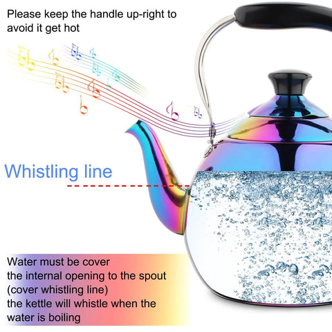 Induction Compatible Stovetop Tea Kettle Stainless Steel Whistling Tea Kettle Rainbow Iridescent Mirror Finish 2 Quart For Gas Stove Top Fast Boiling Water Modern Colorful Teakettle with musical whistling line and boiling water.