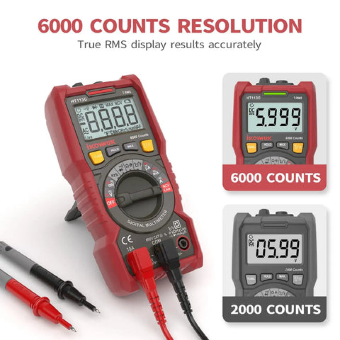 DIY Ready Pro Grade TRMS 6000 Counts Digital Multimeter with Auto Ranging NCV displaying measurements with probes