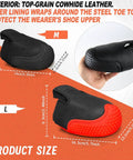 Badass Steel Toe Shoe Covers With Non Slip Oil Resistant Soles And Thick Leather Lining For Heavy Duty Industrial Safety And ASTM EN ISO Certified Impact Shielding On Every Daily Grind, showing M and L sizes.