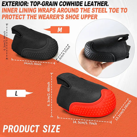 Badass Steel Toe Shoe Covers With Non Slip Oil Resistant Soles And Thick Leather Lining For Heavy Duty Industrial Safety And ASTM EN ISO Certified Impact Shielding On Every Daily Grind, showing M and L sizes.