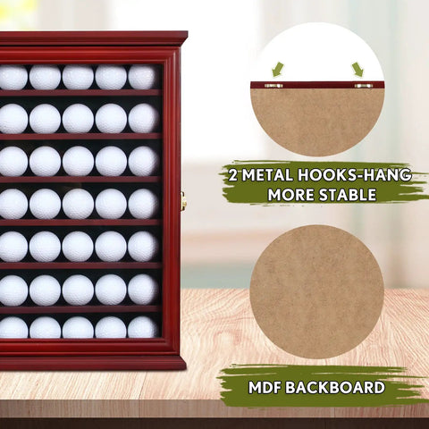 7 Shelf Golf Ball Display Case With Solid Pine Wood And Lockable Glass Door UV Protected To Prevent Fading Holds Up To 49 Golf Balls with hooks and backboard
