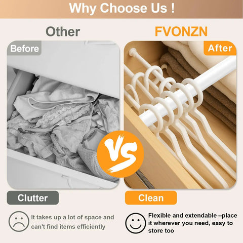 Comparison of cluttered closet and organized rods using 4 Pack Short Spring Tension Curtain Rods 8 To 12 Inches No Drill Mini DIY Slim Window Cupboard Sidelight White Easy To Install For Narrow Windows Cabinets Closets And Curtains